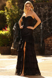 Robe de bal longue à volants à volants sirène noire avec fente