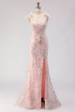 Robe de soirée longue coupe sirène blush brodée avec sequins