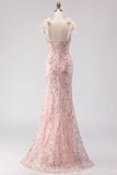 Robe de soirée longue coupe sirène blush brodée avec sequins