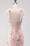 Robe de soirée longue coupe sirène blush brodée avec sequins