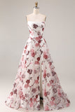 Robe de bal de bal basque sans bretelles en fleur rouge, taille longue, avec fente