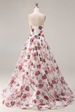 Robe de bal de bal basque sans bretelles en fleur rouge, taille longue, avec fente