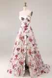 Robe de bal de bal basque sans bretelles en fleur rouge, taille longue, avec fente