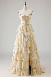 Robe de soirée longue Jaune bustier à volants superposés sans bretelles