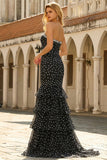 Robe de bal longue sirène à volants noirs blancs à pois et fente