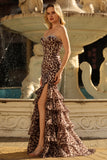Robe de bal longue sirène à volants noirs blancs à pois et fente
