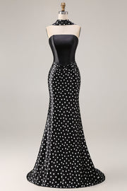 Robe de soirée en satin satin à pois noirs blancs avec une écharpe au col