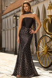 Robe de bal longue en satin satin à pois blancs noirs avec un foulard au col