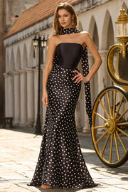 Robe longue de bal en satin satin à points noirs en deux pièces avec une écharpe au col