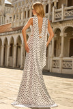 Robe de bal longue en satin satin à pois blancs noirs avec un foulard au col