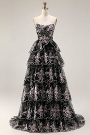 Robe longue de bal à paillettes, en forme de fleurs noires roses, file, filets, avec dentelle dans le dos