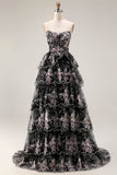 Robe de bal longue de bal à paillettes à étages sans bretelles en fleur rose rose et dentelle dans le dos