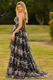 Robe de bal longue de bal à paillettes à paillettes en fleurs noires roses, sans bretelles