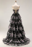 Robe de bal longue de bal à paillettes à étages sans bretelles en fleur rose rose et dentelle dans le dos