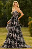 Robe de bal longue de bal à paillettes à paillettes en fleurs noires roses, sans bretelles