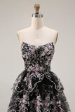 Robe de bal longue de bal à paillettes à étages sans bretelles en fleur rose rose et dentelle dans le dos
