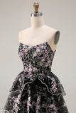 Robe de bal longue de bal à paillettes à étages sans bretelles en fleur rose rose et dentelle dans le dos