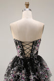 Robe de bal longue de bal à paillettes à étages sans bretelles en fleur rose rose et dentelle dans le dos