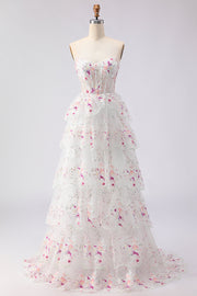 Robe de bal longue de bal à paillettes à étages sans bretelles en fleur rose rose et dentelle dans le dos
