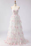 Robe de bal longue de bal à paillettes à étages sans bretelles en fleur rose rose et dentelle dans le dos