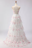 Robe de bal longue de bal à paillettes à étages sans bretelles en fleur rose rose et dentelle dans le dos