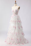 Robe de bal longue de bal à paillettes à étages sans bretelles en fleur rose rose et dentelle dans le dos
