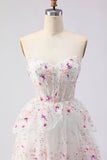 Robe de bal longue de bal à paillettes à étages sans bretelles en fleur rose rose et dentelle dans le dos