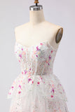Robe de bal longue de bal à paillettes à étages sans bretelles en fleur rose rose et dentelle dans le dos
