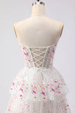 Robe de bal longue de bal à paillettes à étages sans bretelles en fleur rose rose et dentelle dans le dos