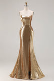 Robe de bal longue de bal scintillante dorée sans bretelles en sequins