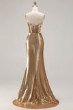 Robe de bal longue de bal scintillante dorée sans bretelles en sequins
