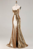 Robe de bal longue de bal scintillante dorée sans bretelles en sequins