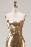 Robe de bal longue de bal scintillante dorée sans bretelles en sequins
