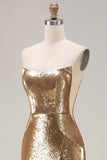 Robe de bal longue de bal scintillante dorée sans bretelles en sequins