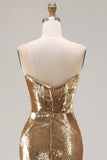 Robe de bal longue de bal scintillante dorée sans bretelles en sequins