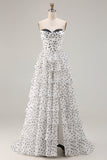 Corset de bal à volants à étages à pois, ligne A A, longue robe de bal avec fente