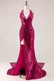 Robe de bal longue de bal scintillante en fuchsia en fuchsia en sirènes à paillettes
