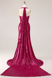 Robe de bal longue de bal scintillante en fuchsia en fuchsia en sirènes à paillettes