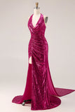 Robe de bal longue de bal scintillante en fuchsia en fuchsia en sirènes à paillettes