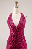 Robe de bal longue de bal scintillante en fuchsia en fuchsia en sirènes à paillettes