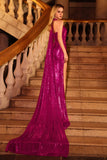 Robe de bal longue de bal en sirène fuchsia scintillante en fuchsia avec paillettes