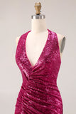 Robe de bal longue de bal scintillante en fuchsia en fuchsia en sirènes à paillettes