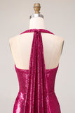 Robe de bal longue de bal scintillante en fuchsia en fuchsia en sirènes à paillettes