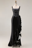 Robe de bal longue en satin à pois blancs noirs à pois blancs en satin avec fente à volants