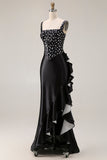 Robe de bal longue en satin à pois blancs noirs à pois blancs en satin avec fente à volants