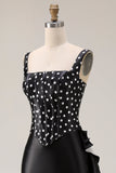 Robe de bal longue en satin à pois blancs noirs à pois blancs en satin avec fente à volants