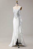 Robe de bal longue en satin à pois blancs noirs à pois blancs en satin avec fente à volants