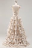 Robe de bal longue à chevaux de promo à découpe à volants abricot abricot sans bustier A Line
