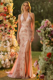 Robe de bal longue de bal à paillettes, sirène à fentes à fentes latérales à fentes de rose scintillantes avec un grand nœud