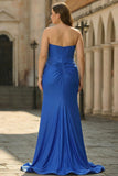 Robe de bal longue grande taille perlée en sirène bleu royal bleu 3D avec des perles et une fente